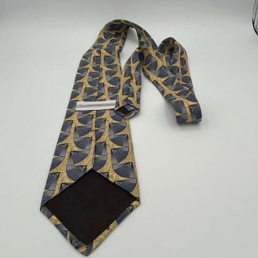 Courreges Homme Necktie Mens OS Tan Blue Silk Geometric Art Deco 90s Vintage